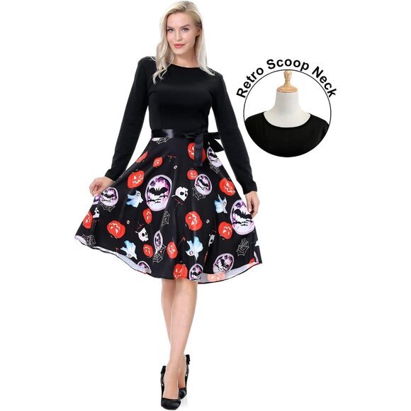 Womens Halloween Dresses Long Sleeve Cocktail Swing Dress Cosplay Party Costume - Picture 3 of 5